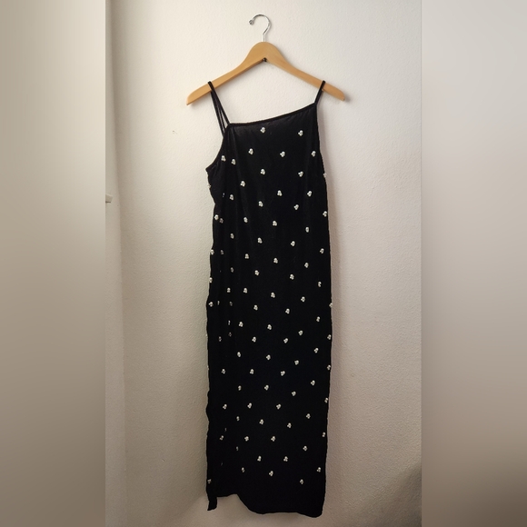 Urban Outfitters UO Slip Dress Women's Pearl Beaded Velvet Midi Black‎ Size 12 - Picture 2 of 12